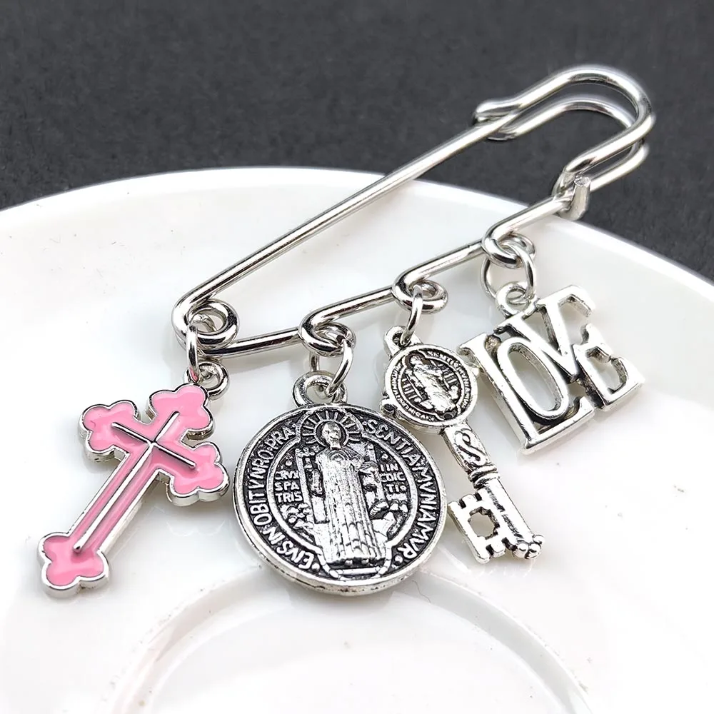 Saint Benedict Medallion Catholic San Benito Paperclip Brooch I LOVE JESUS Charm Buckle Pin Safety Pin Jewelry Festival Gifts