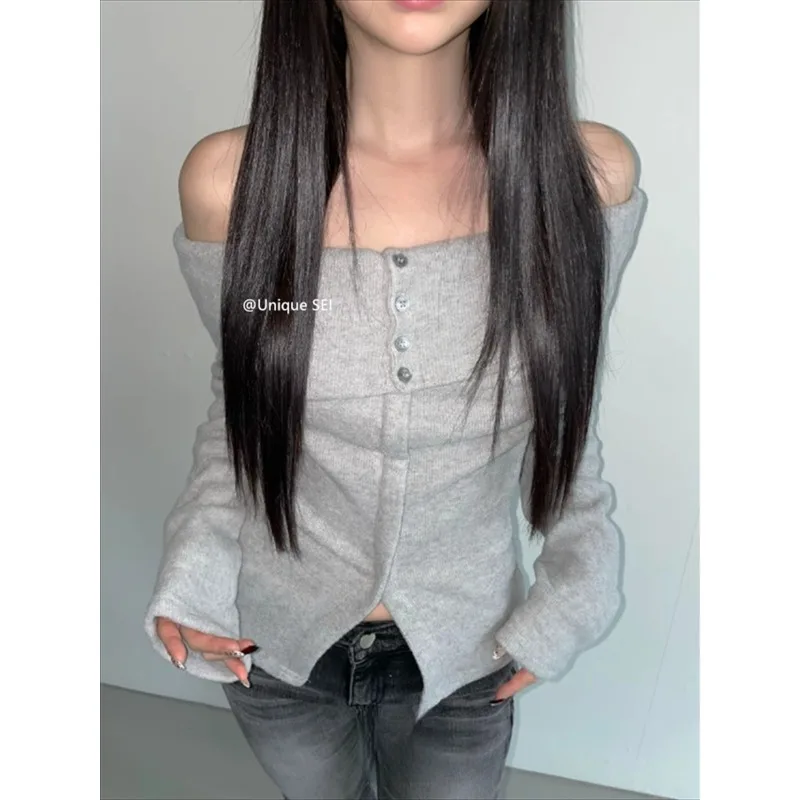 

Off-shoulder Buttons Slim Sexy Long-sleeve Sweater Women 2025 Autumn New High Street Solid Color All-match Knitted Pullover