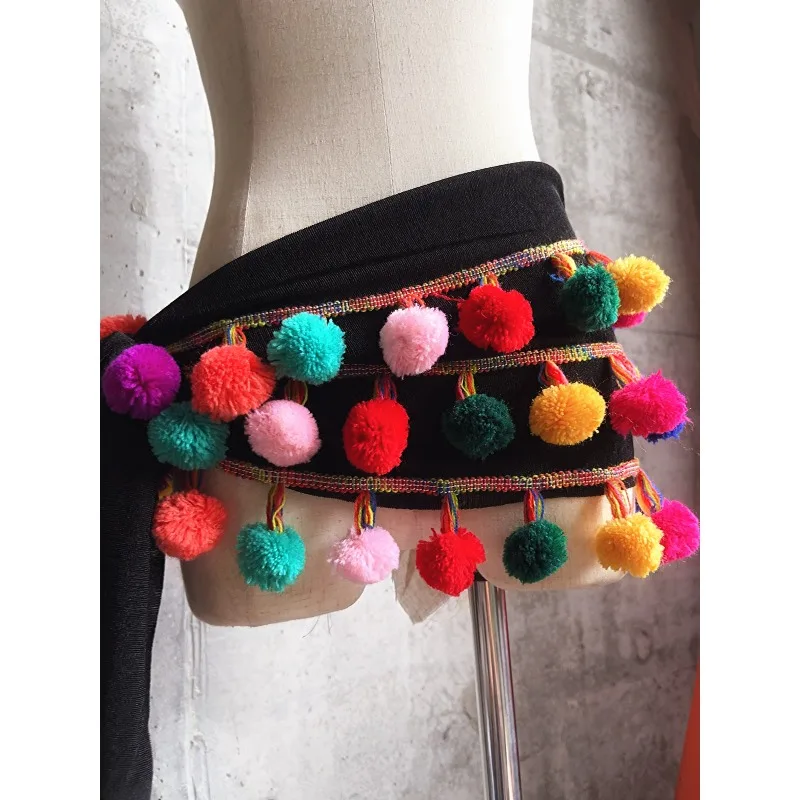 Customized Belly Dance Practice Clothes Waist Belt Hairy Ball Hip Cloth Versatile Heavy-duty Waist Seal Skirt