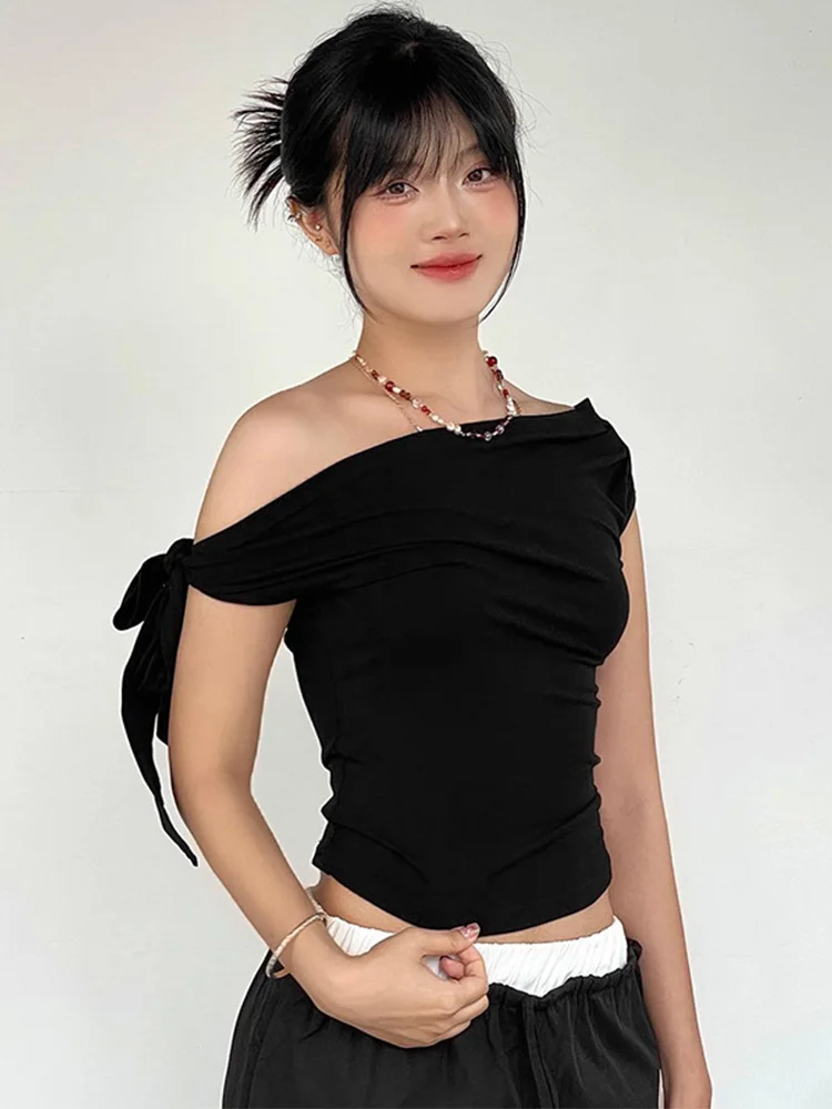 2025 Women'S Summer Ins Style New Shrink Pleated One-Shoulder Crop Top Backless Twist Tie Asymmetric T-Shirt Casual Top