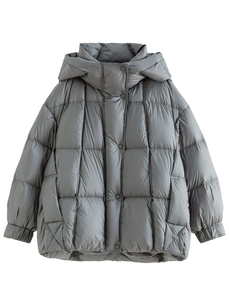 DUSHU 131G Filling Capacity Women Commuter Light Grey Short Fashion White Duck Down Coat Detailed Seam Design Female Down Jacket