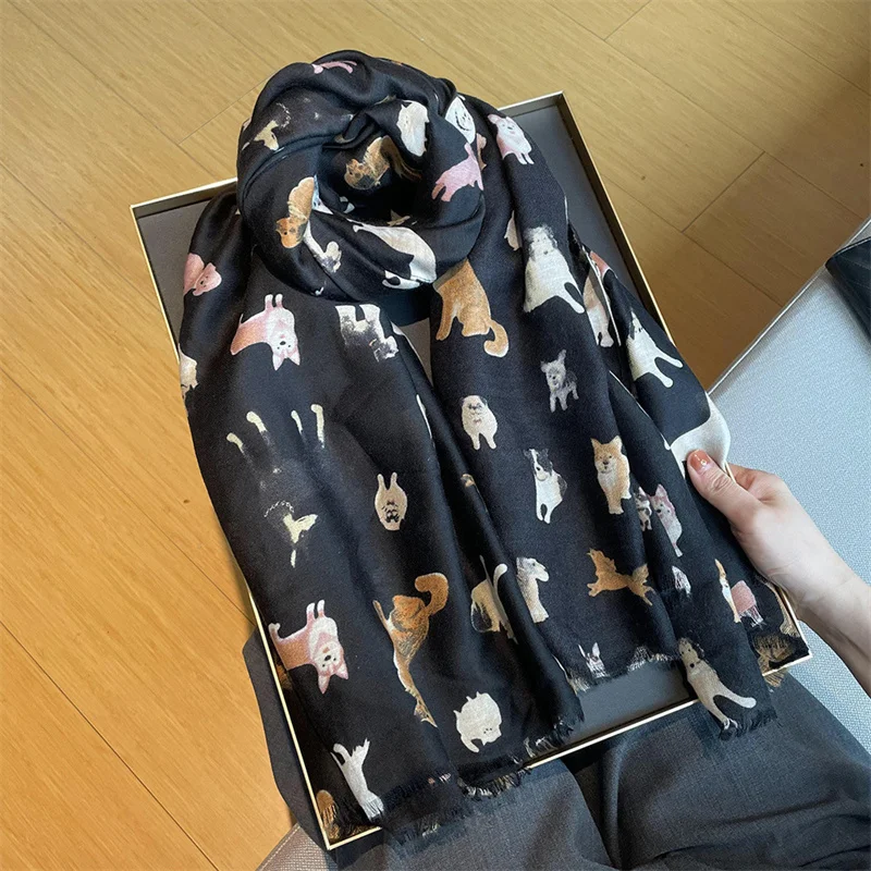 Cartoon Teckel Hond Patroon Franje Viscose Sjaal Poedel Print Zachte Voile Sjaals En Wraps Pashmina Moslim Hijab Sjaal 180*90Cm