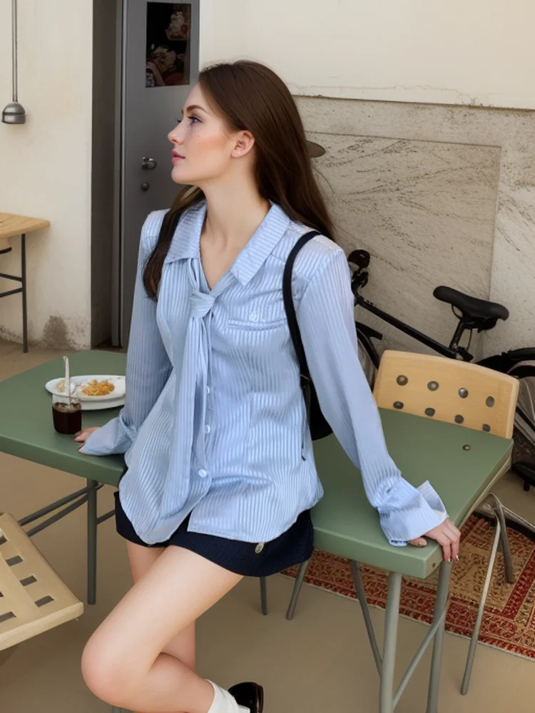 Elegant Women Shirts Blue Stripe Long Sleeve Blouse Fashion Casual Pink Shirts Necktie Girls Student Slim Tops