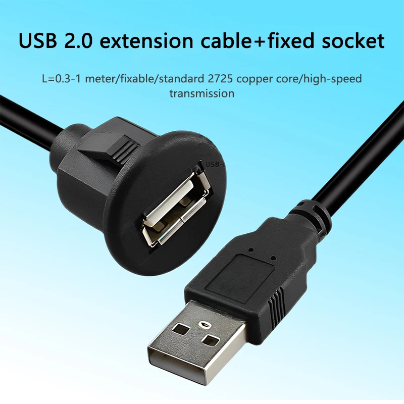 Car Dashboard Flush Mount Line USB 2.0 Port Panel Extension Cable Male to Female Socket Excellent Plastic Adapter