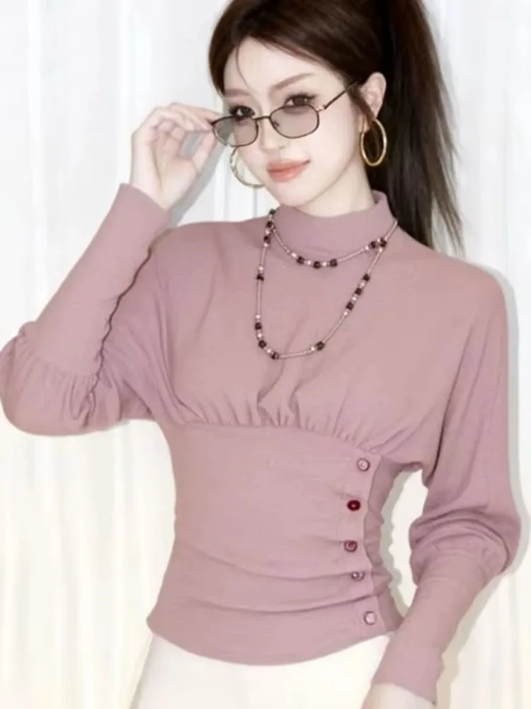 Fashion Long Sleeve Top Women Autumn New Stand Collar Slim Button Waist Design T-shirts Vintage Y2k Aesthetic Chic Tees
