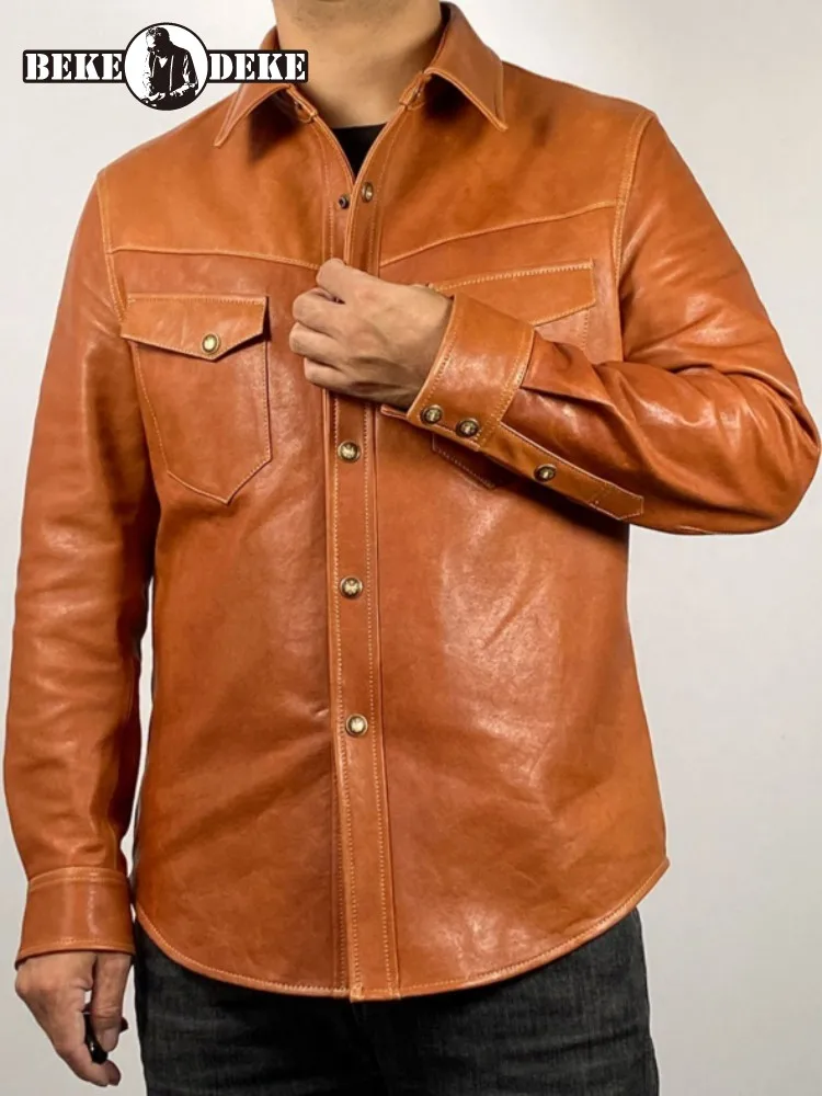 

Leisure Style Lapel Long Sleeves Genuine Leather Jacket Slim Single-Breasted Pocket Solid Color Male Sheepskin Outerwear