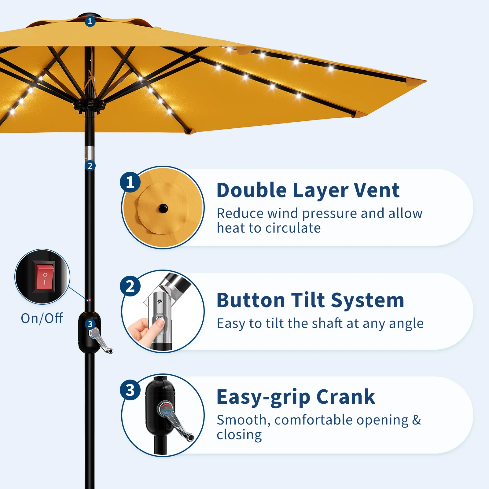 9FT/10FT Solar Patio Umbrella with LED Lights - Outdoor Table Umbrella with Crank Lift, Push Button Tilt and 8 Sturdy Ribs - Market Umbrella UV Protection for Pool, Deck, Yard, Garden