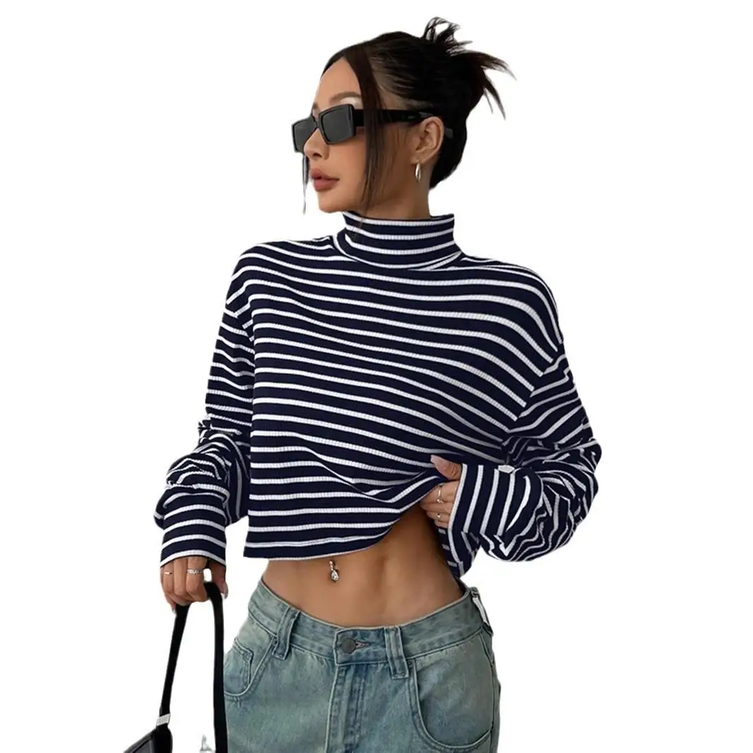 High Ne Long irt haut asiatique femme décontracté coupe ample Polyester longue Sve rayé T-irt pour dames saison de printemps