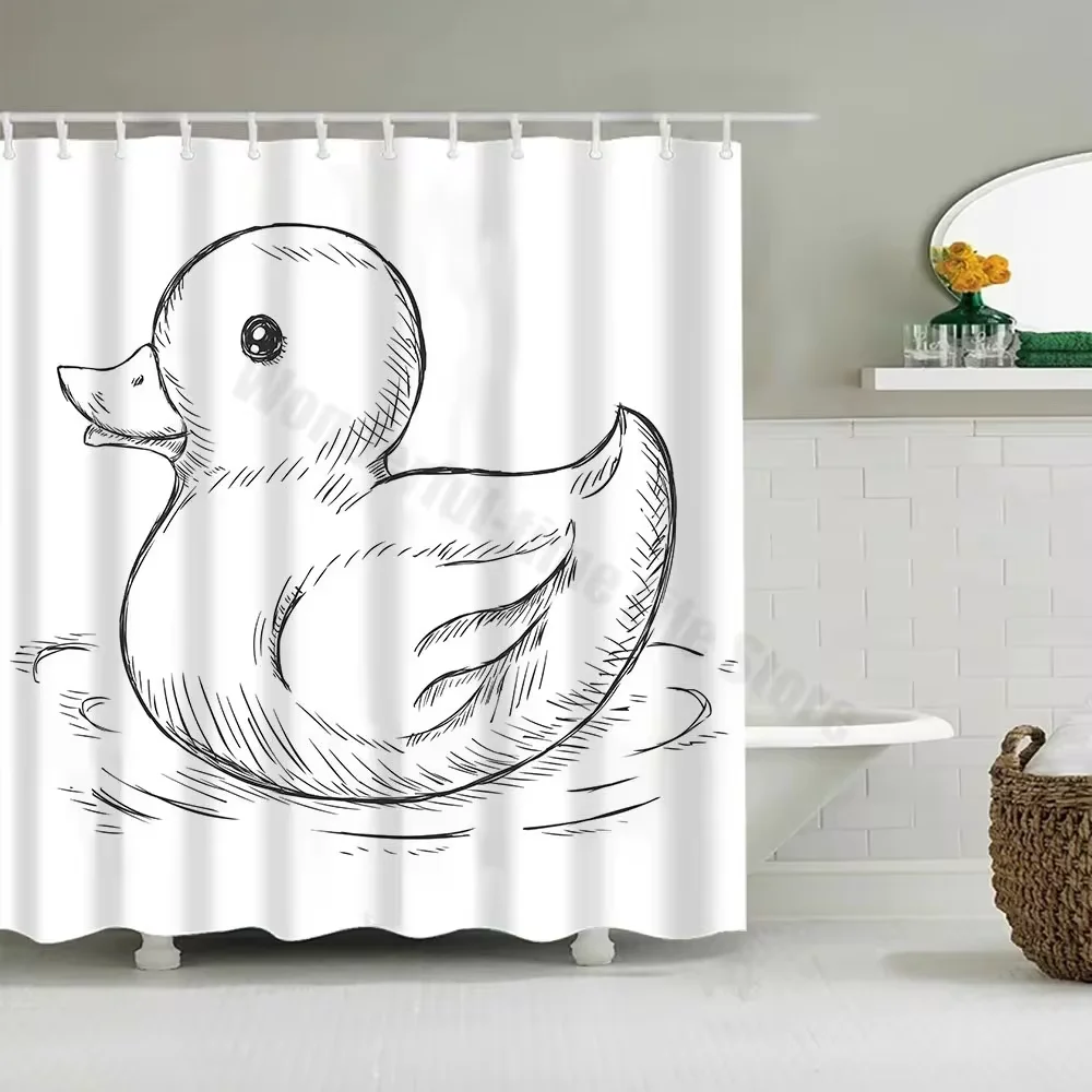 

Cute Little Yellow Duck Shower Curtain Cartoon Funny Smiley Face Bathroom Waterproof Bath Duck Fabric 12 Hooks Bathroom Decor