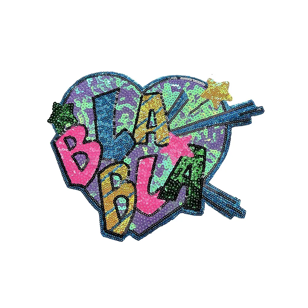 Einteiliger großer blauer Herz-Pailletten-Stickerei-Aufnäher zum Selbermachen, zum Aufbügeln, für Kleidungsdekoration