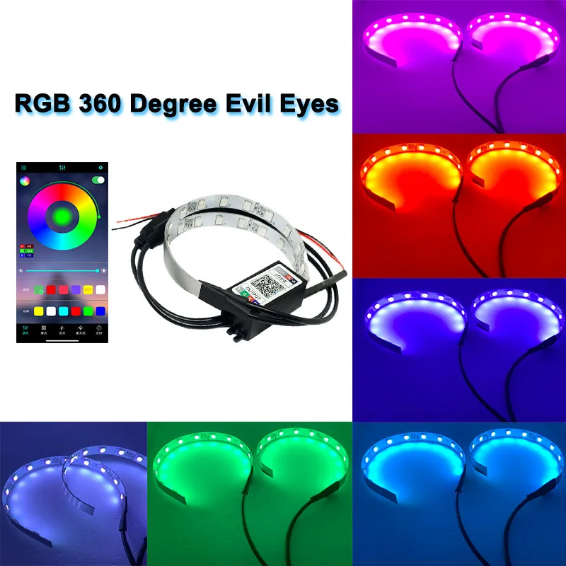 

1 Set Colorful RGB 360 Degree Demon Eyes Bluetooth Devil Eyes Angel Eyes Mobile Phone APP Control Car Headlights Halo Rings Kit