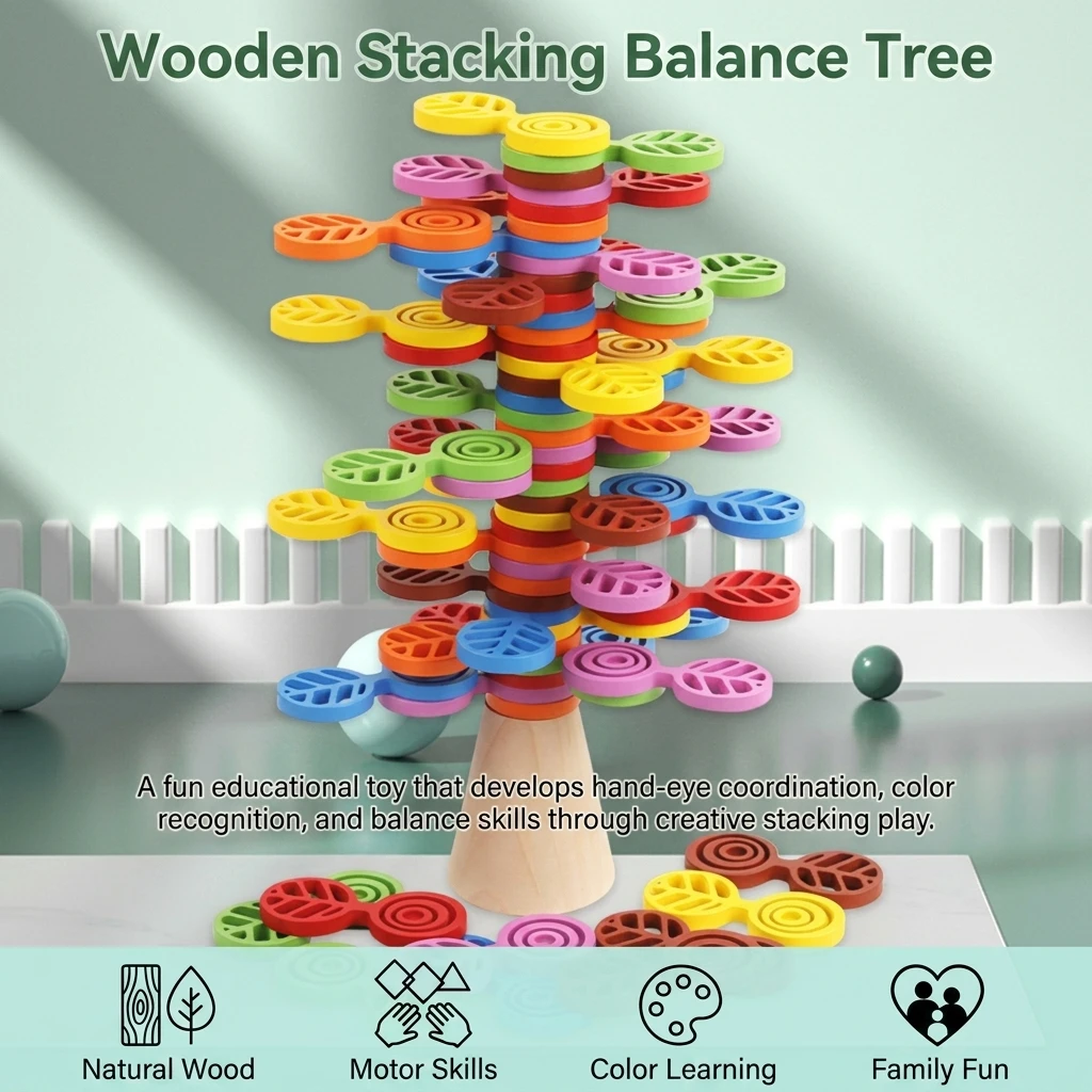 Balance Stacking Toy Educational Wooden Tree Blocks for Montessori Learning Early Childhood Development Color Recognition