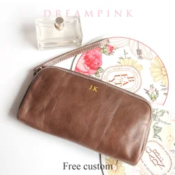 Leisure Cowhide Women Clutch Bag Personalize Letters Genuine Leather Female Wristlet Purse Bag Vintage Pencil Makeup Zip Pouch