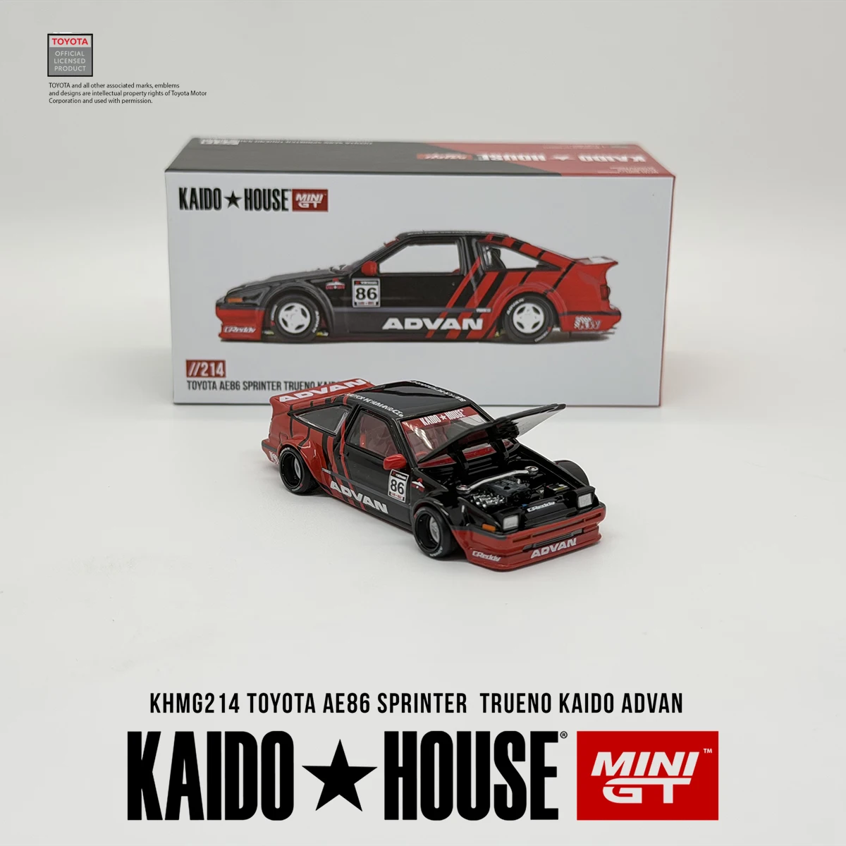 Kaido House 1:64 KHMG214 AE86 Sprinter Trueno Kaido ADVAN Livery Diecast Car Model Open Hood Design in Stock Ready To Ship