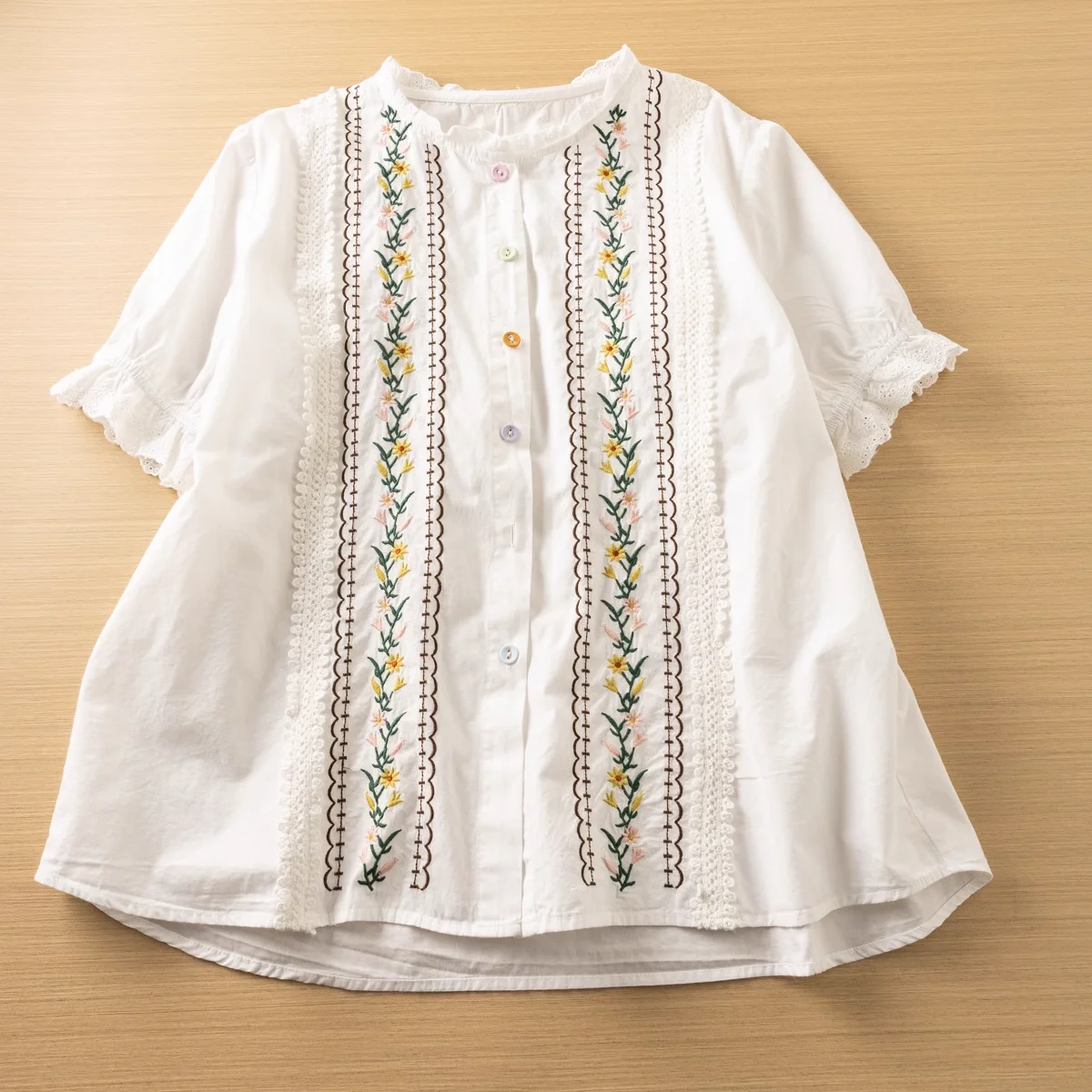 Mori girls style sweet short sleeve lace embroidery shirts and blouses for women Japan style summer short sleeve shirts tops