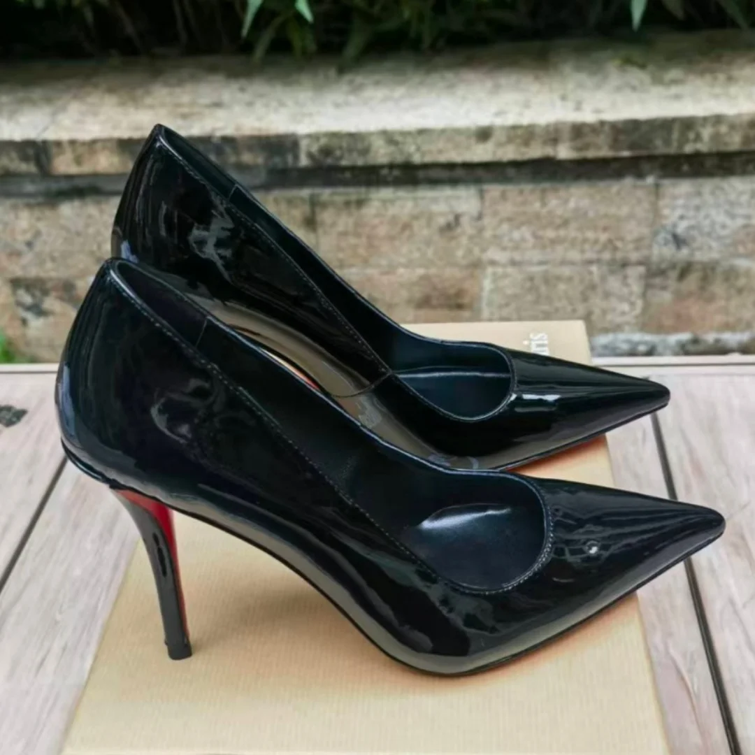 

Extra-Long Pointed Toe Black Patent Leather Shoes Women Slip On Red Sole Women’s Pumps Thin High Heels 36-42 Large Size Office