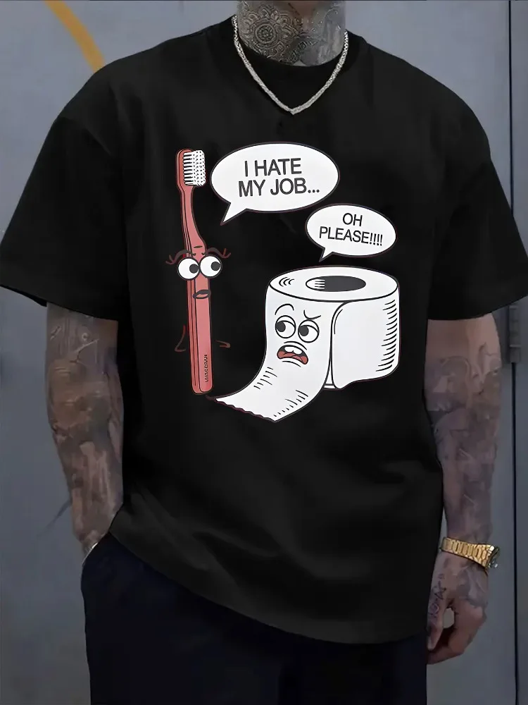 Mens Orange Tee Funny Toothbrush Toilet Paper Work Complaint Cartoon Graphic Crew Neck Short Sleeve Loose Male Street Daily Top