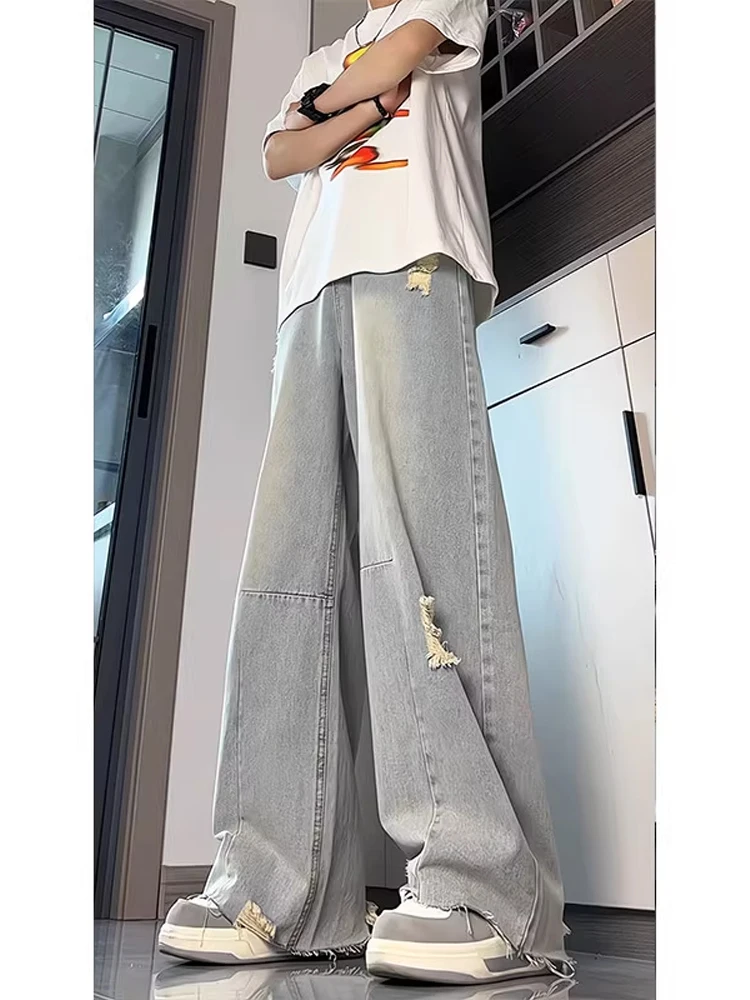 

Голубые мужские джинсы, летние модные брендовые драпированные брюки-ножи, рваные микро-расклешенные прямые джинсы, дышащие джинсы свободного покроя