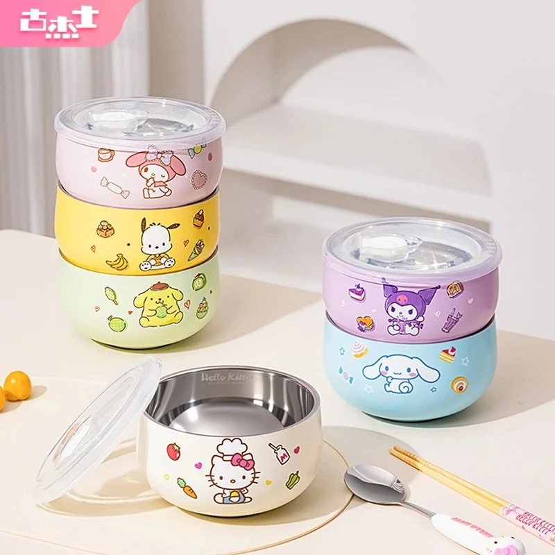 Cuenco de arroz para niños Sanrio Hello Kitty, cuencos bonitos anticaída de calidad alimentaria, vajilla de aislamiento térmico de doble pared de acero inoxidable