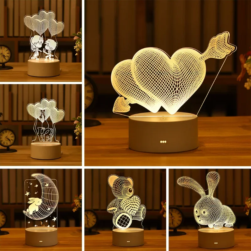 Luz de noche LED 3D, lámpara de mesita de noche de mesa creativa, luz romántica de oso de corazón, Día de San Valentín, decoración de Navidad para el hogar