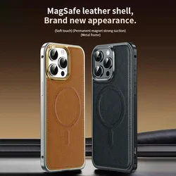 Metal Frame Business Leather Phone Case For Iphone 14 15 Pro Max Magnetic Leather Phone Shell For IPHON 15 Promax Luxuy Cover