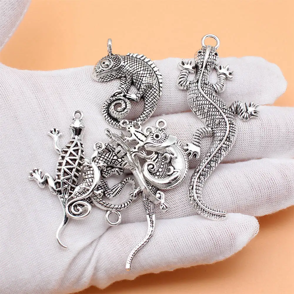 Jóias Antigas Cor Prata, Lagarto Gecko Chameleon Charms, Coleção Acessórios Presente, 9pcs