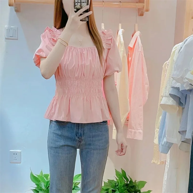 

European Women Casual Chiffon Shirts Spring Feminine Square Neck Tops Autumn Ladies Fashion Short sleeve Pullover Blouse Jacket