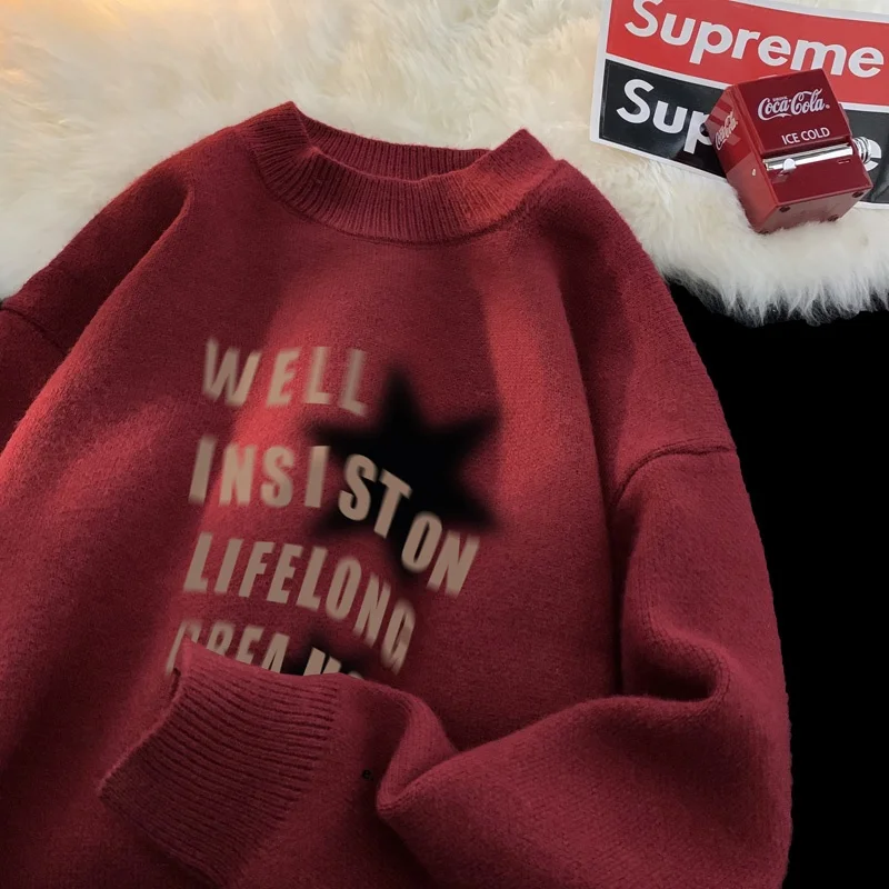 

Red Knitted Sweater Men's Loose Comfortable Dragon Year Youth Spring Autumn Printed f High Collar Long Sve Faionable