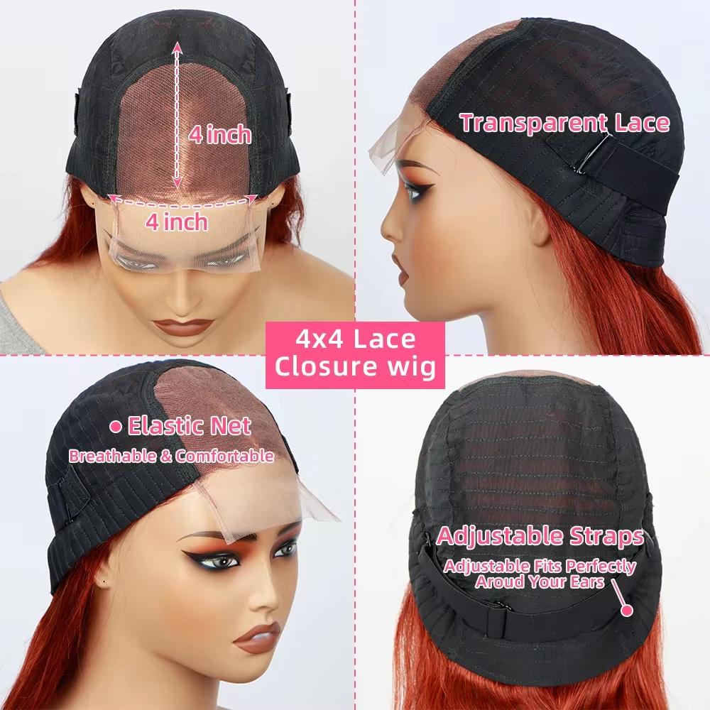 الزنجبيل البرتقالي بوب شعر مستعار شعر الإنسان # 350 الجسم موجة 4X4 HD الدانتيل إغلاق الباروكات غلويليس للنساء السود قبل قطعها باروكة من شعر طبيعي