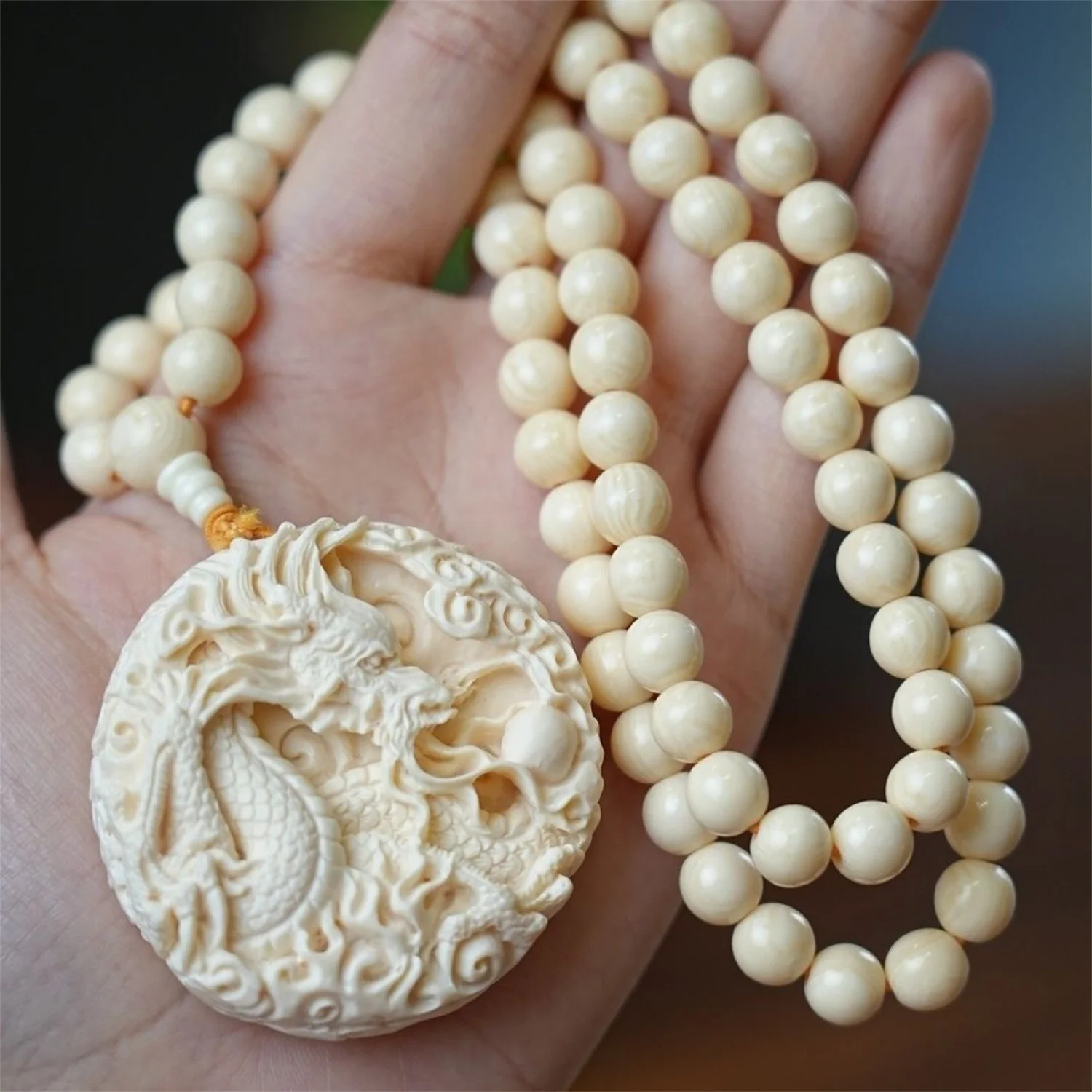 Hand Carved Mammoth Ivory Pendant Double Sided Dragon Phoenix Amulet Necklace Jewelry Gift for Men Women Collection
