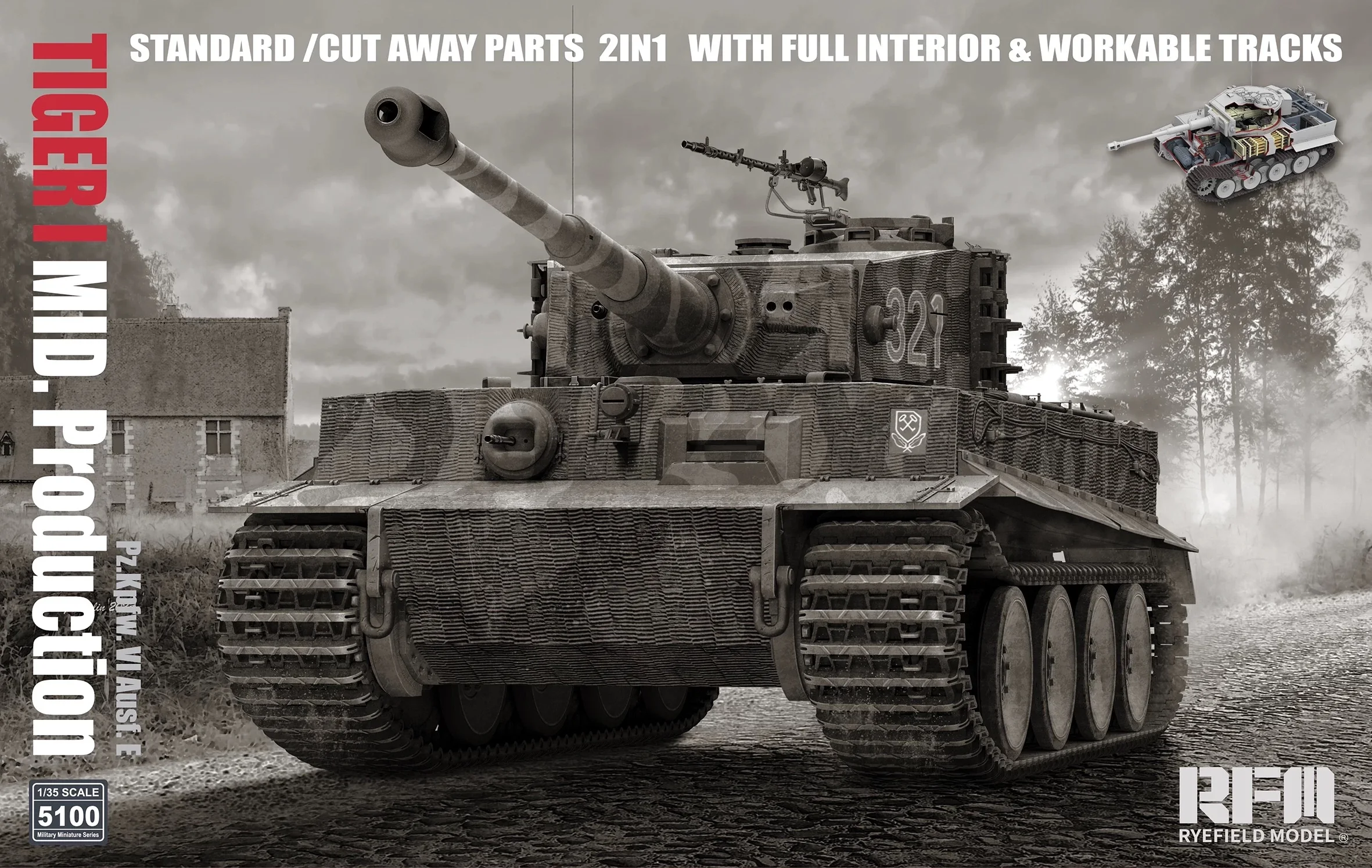 Rye Field 5100 1:35 Scale PzKpfw VI Ausf E TIGER I TANK MID STANDARD/CUT AWAY PARTS 2 IN 1 W/ FULL INTERIOR&WORKABLE TRACKS