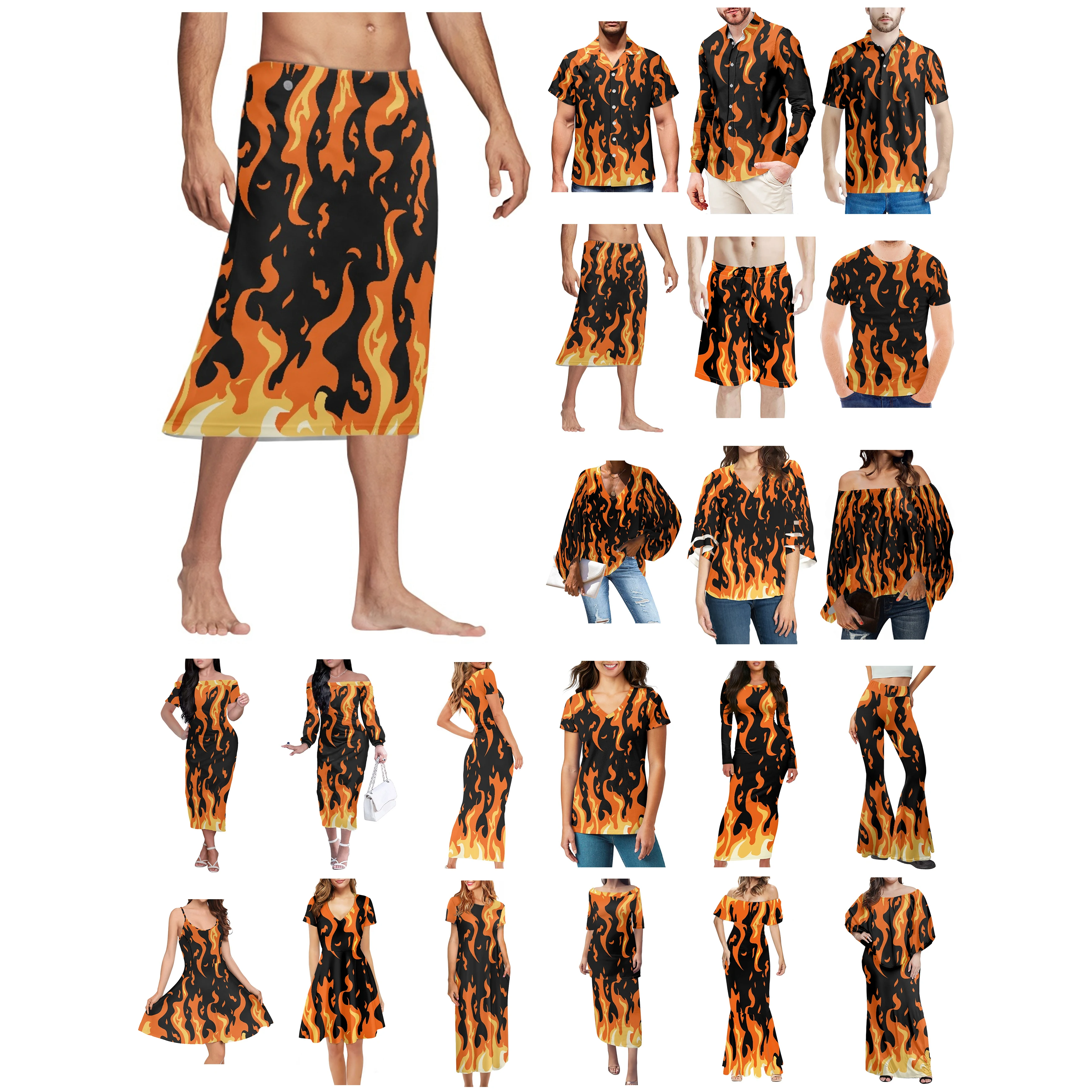 Men Hawaiian Apron Sandbeach Drawstring Shorts Flame Print Matching Lady Off-The-Shoulder Dress V-Neck T-shirt Lover Clothes