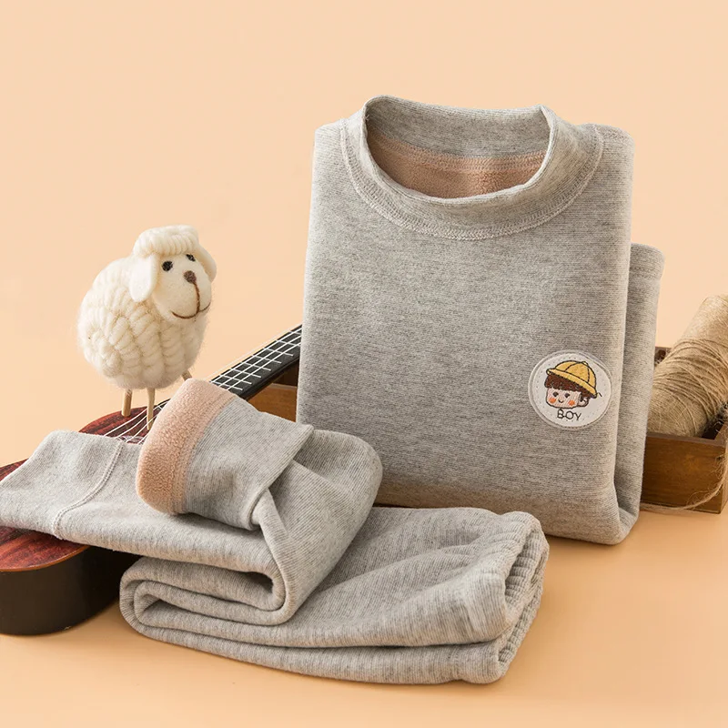Children's Thermal Underwear Set with Fleece Lining, Boneless for Boys and Girls, Autumn-Winter Medium to Large Sizes, Oatmeal F