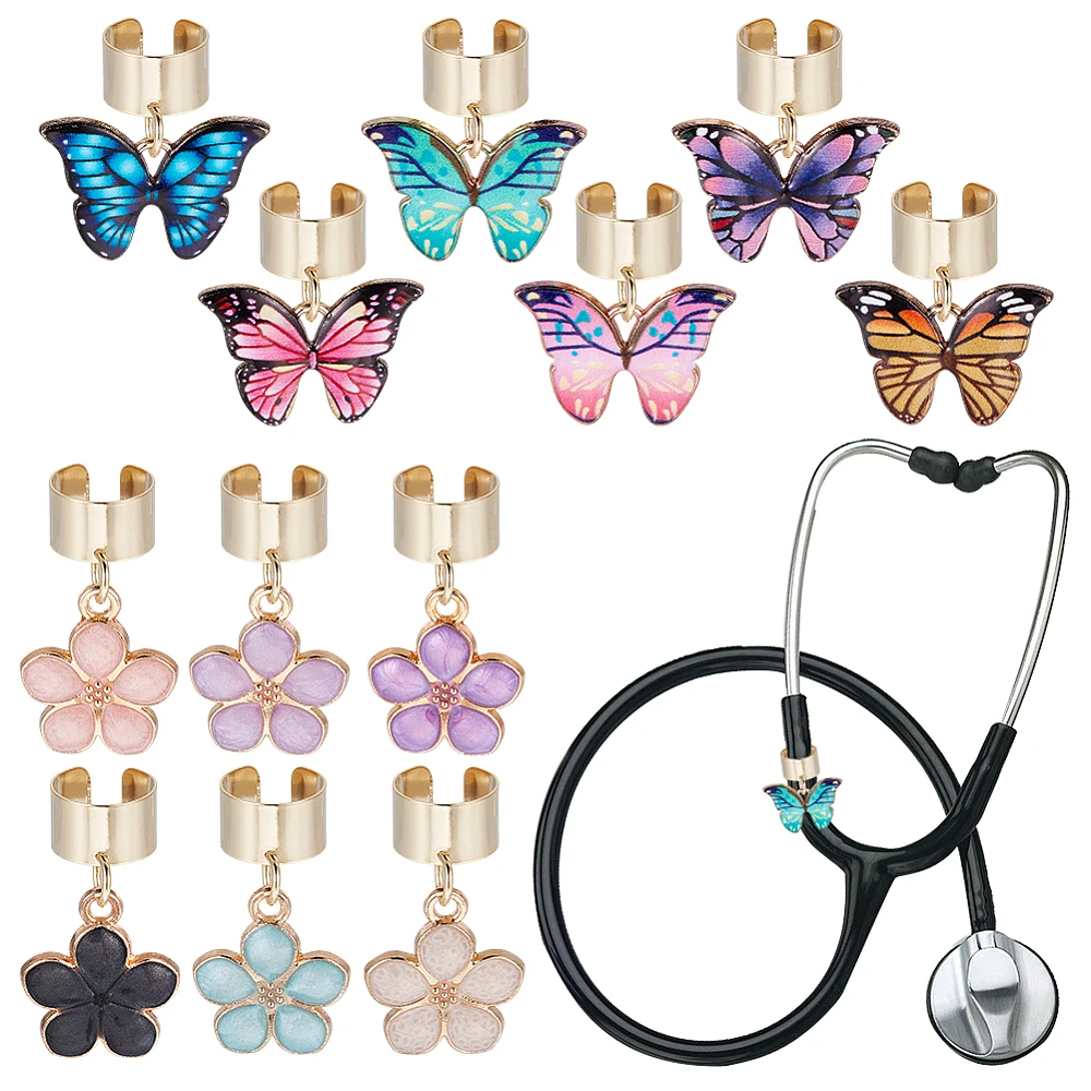 12Pcs 2 Styles Butterfly and Flower Stethoscope Charms 0.8~0.9 Inch Alloy Enamel Stethoscopes Pendant Stethoscope ID Name Tag