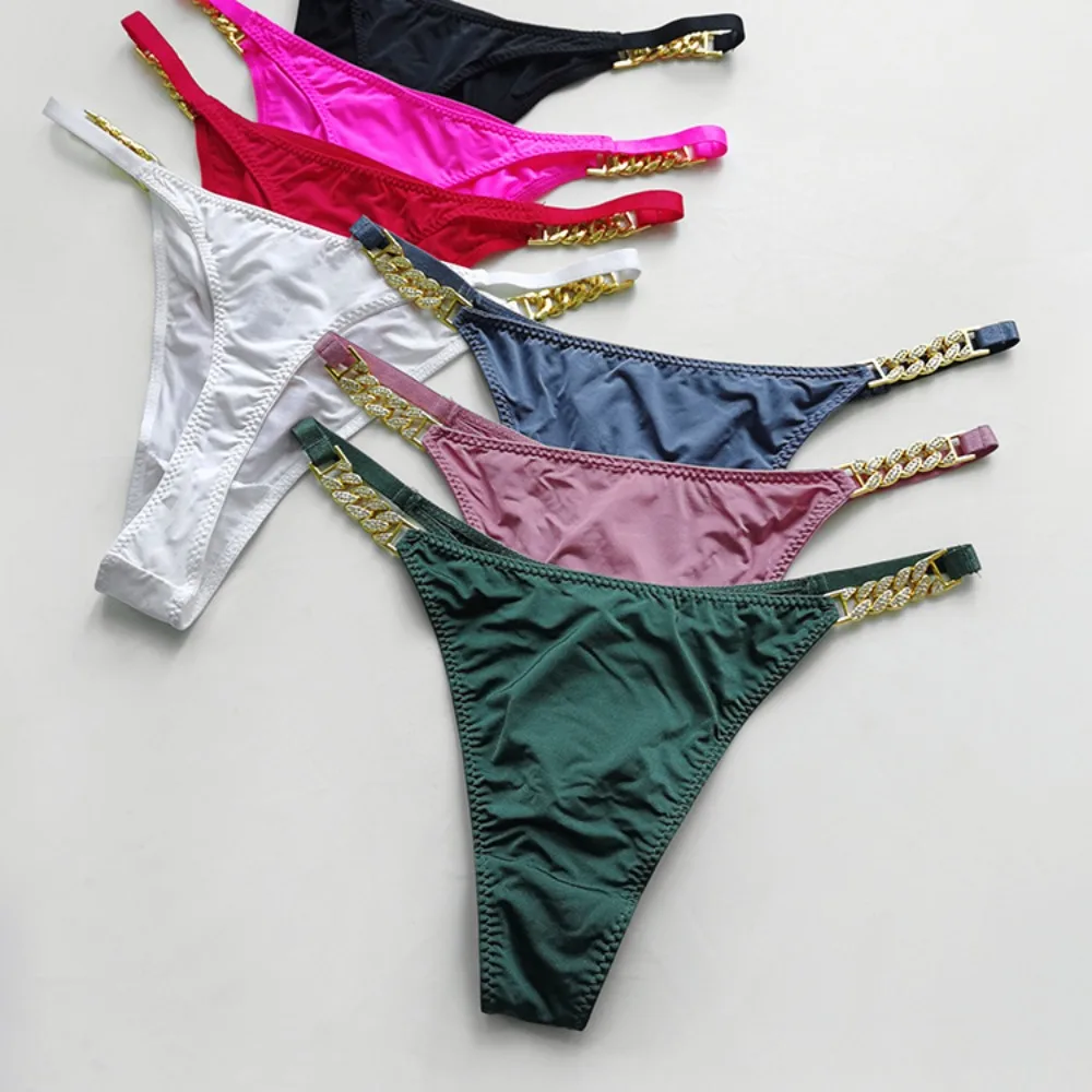 

High Fork Low Waist Thong For Girls Simple Women Ice Silk Panties Hollow Out Metal Chain Diamond Briefs Korean Underwear