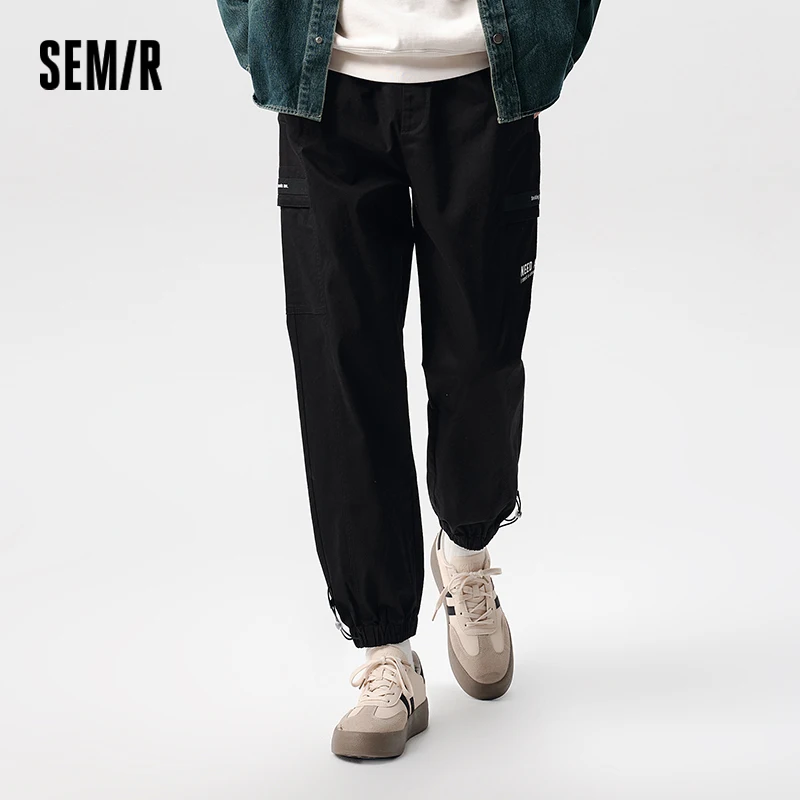 Semir Casual Pants Men Loose Workwear Spring Drawstring Sports Style Cuffed Trousers Fashionable Printed Long Trousers Brushed