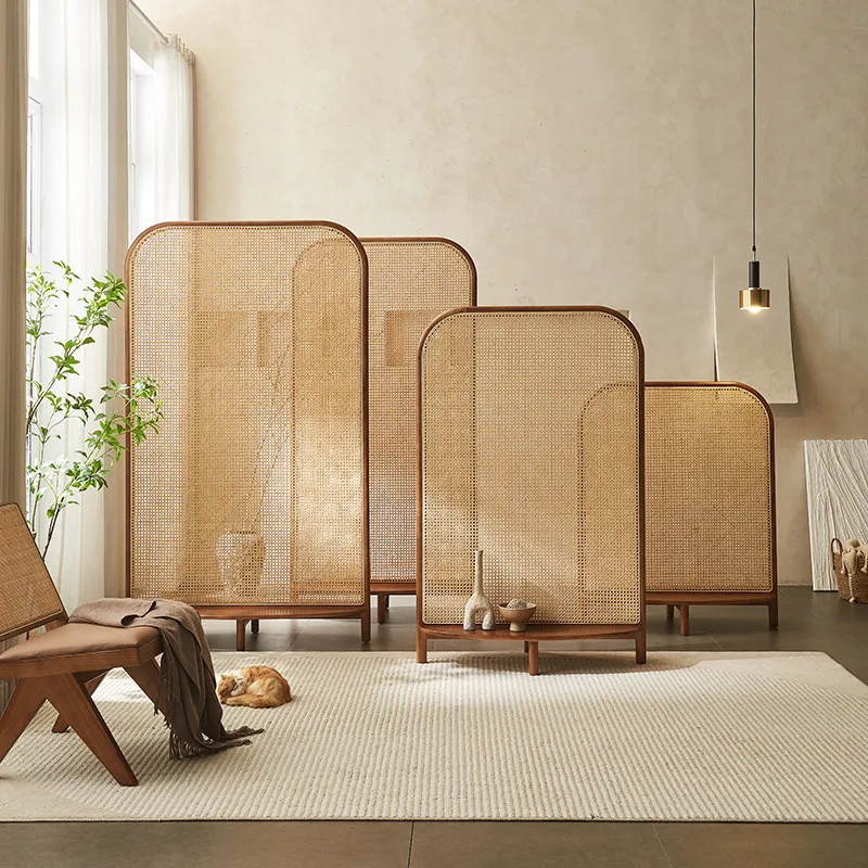 Nordic solid wood rattan screen partition living room bedroom movable custom entrance block modern simple storage seat