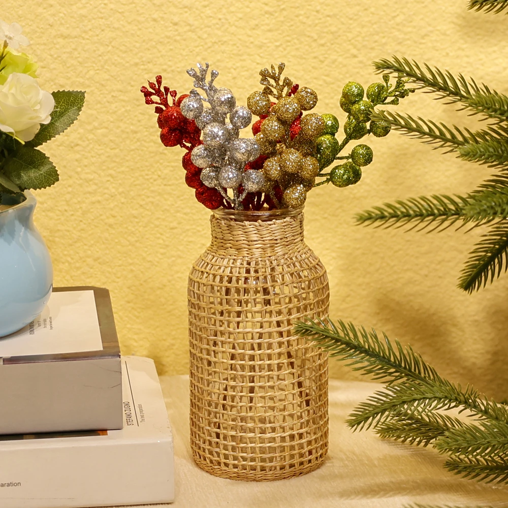 1/30pcs Christmas Artificial Gold Powder Berries Holly Berries Branches DIY Xmas Wreath Tree Ornament Home Table Vase Decoration