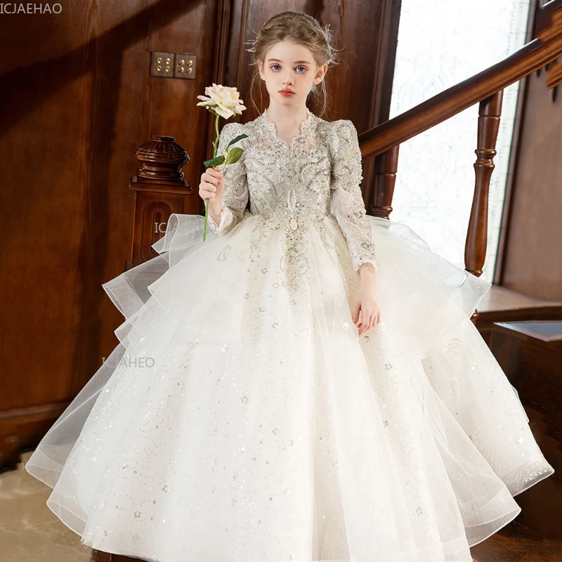 Kids Girls White Princess Dress Flower Girl Wedding Gown for Pageant Formal Wear Children Birthday Party Host Piano Performance