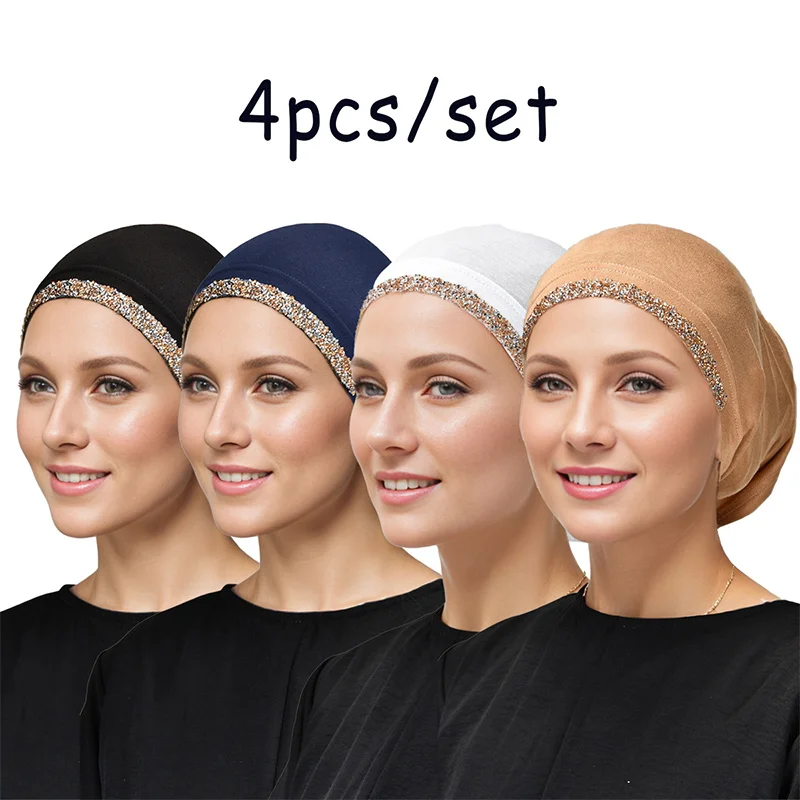 4/Pcs Modal Cotton Rhinestone Undercap Stretchy Hijab Plain Soft Bonnet Muslim Women Elastic Inner Hijab Turban Islam Underscarf
