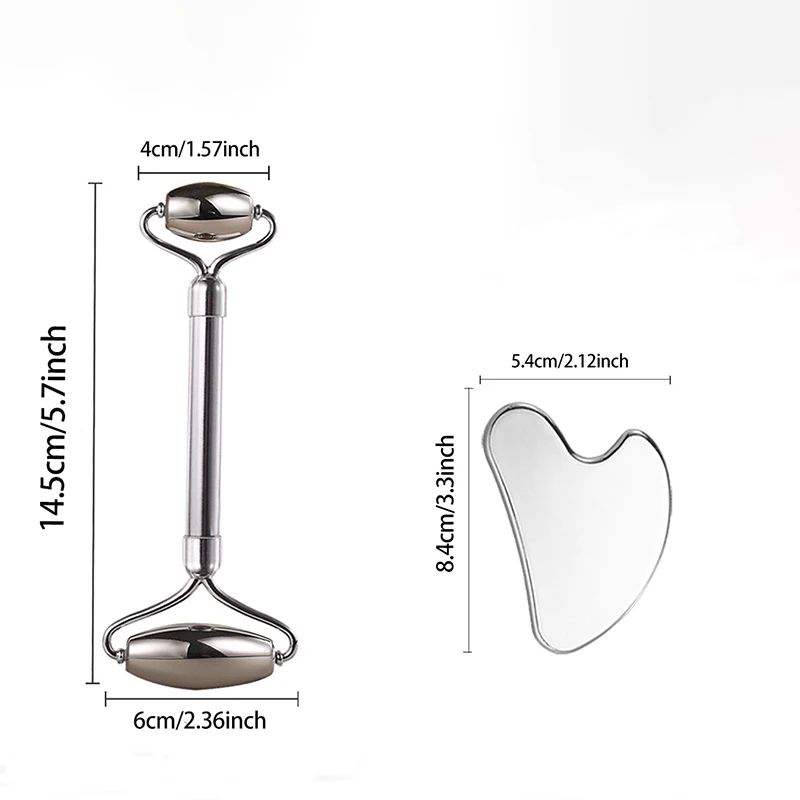 2pcs Face and Eye Stainless Steel Heart-shaped Scraping Board with Dual Roller Massager Muscle Massage Beauty and Skincare Tool