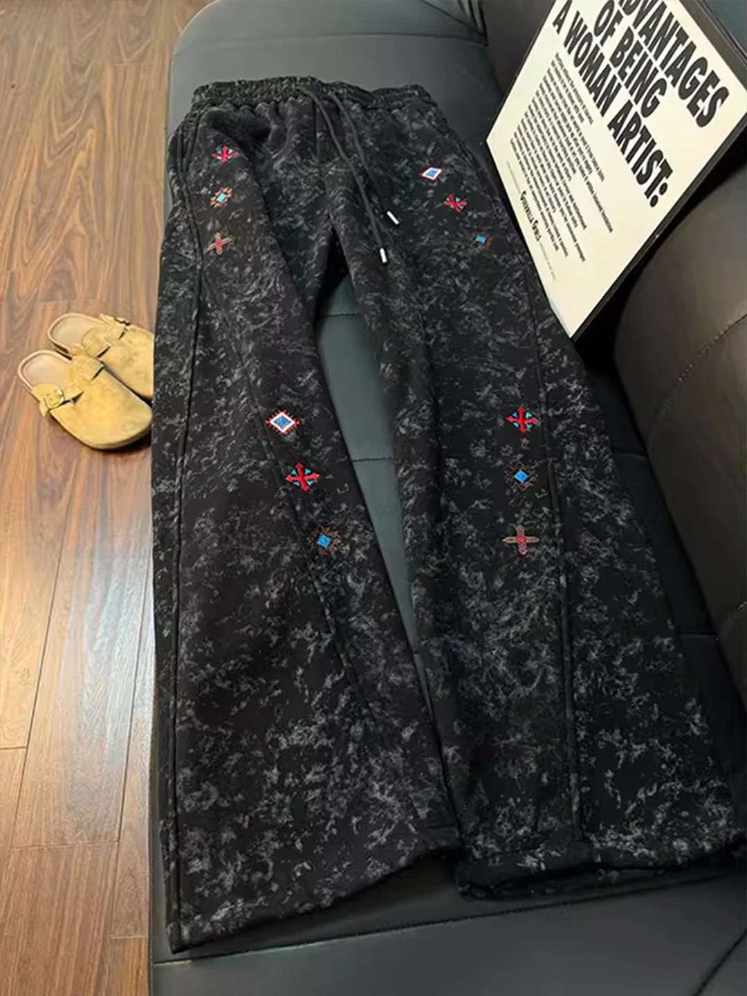 

Мужские спортивные брюки American Sle с тяжелой вышивкой и эффектом тай-дай, прямого кроя, повседневные, свободные, с эластичным поясом