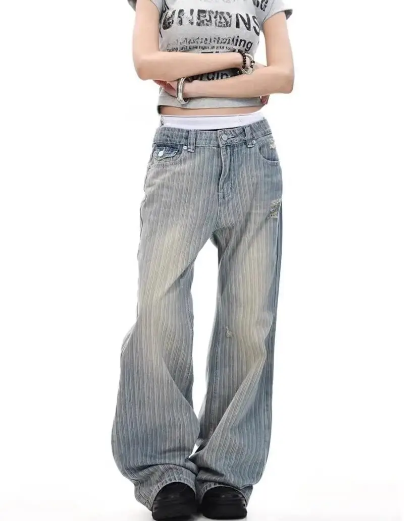 2026 Retro American Waed Striped Hole Denim Jeans Loose High Street Micro Flared Cleanfit Casual Long Trousers for Men And Women