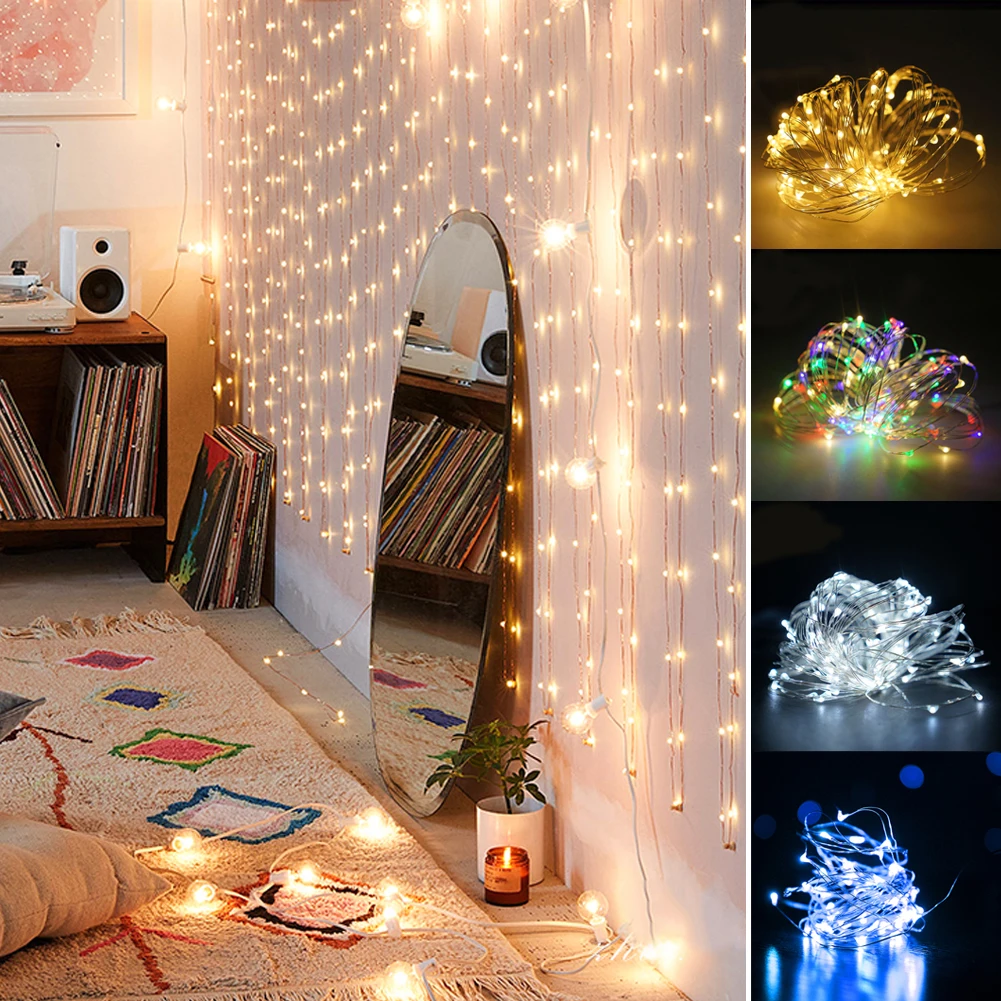 5M/10M/20M USB String Lights 50/100/200LED Beads Waterproof Foldable Copper Wire String Lights for Christmas Wedding Party Decor