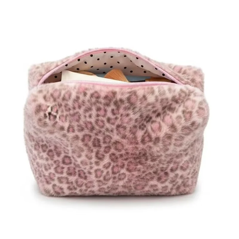Durable Fuzzy Makeup Bag Large Capacity Leopard Print Toiletry Organizer Portable Cosmetic Bag Girls Travel Storage Pouch