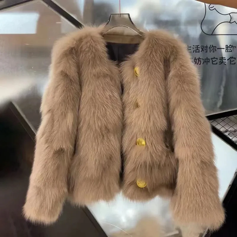 Autunno inverno o-collo monopetto cappotto di pelliccia corta moda spessa calda manica lunga cappotto di pelliccia di volpe sintetica Streetwear abbigliamento donna