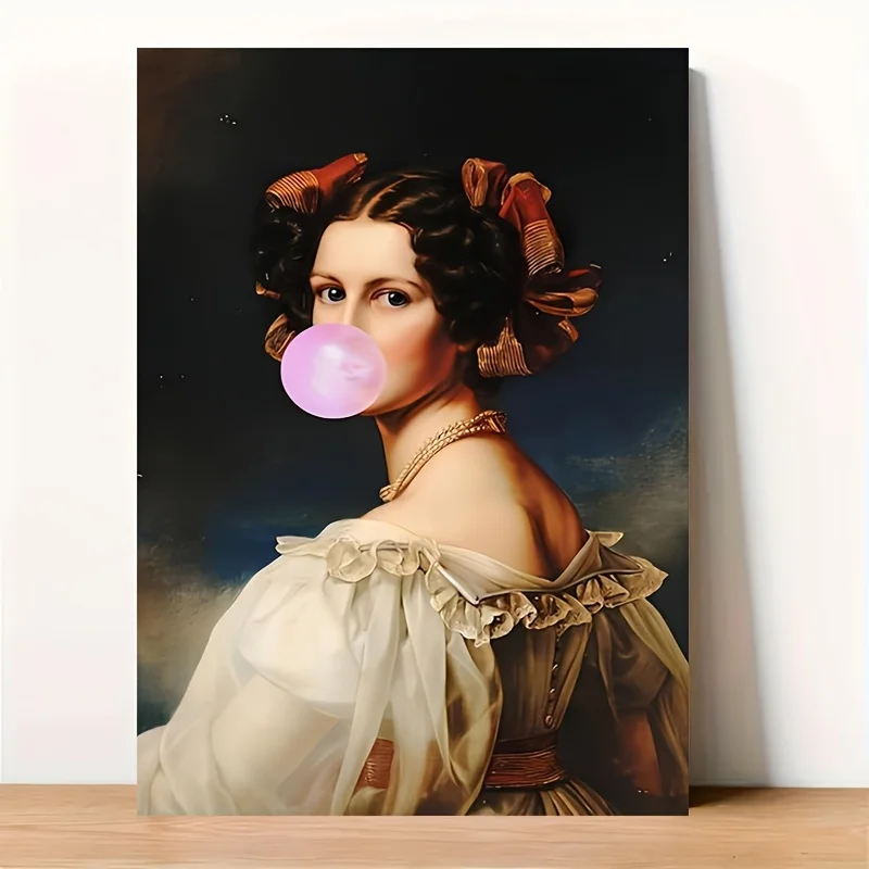 1pc Funny Vintage Lady Blowing Pink Bubble Gum Canvas Print Unframed Classic Portrait Wall Art Altered Modest Design
