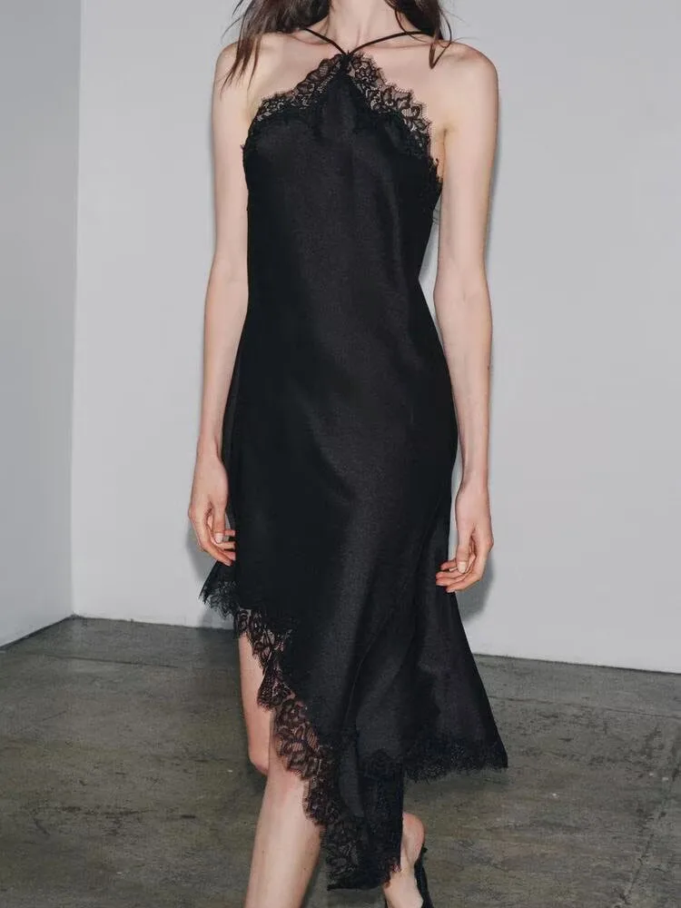 High Street Dark Tanks Women's Summer New Sexy Backless Lace Embellished Satin Textured Streetwear Party Dress