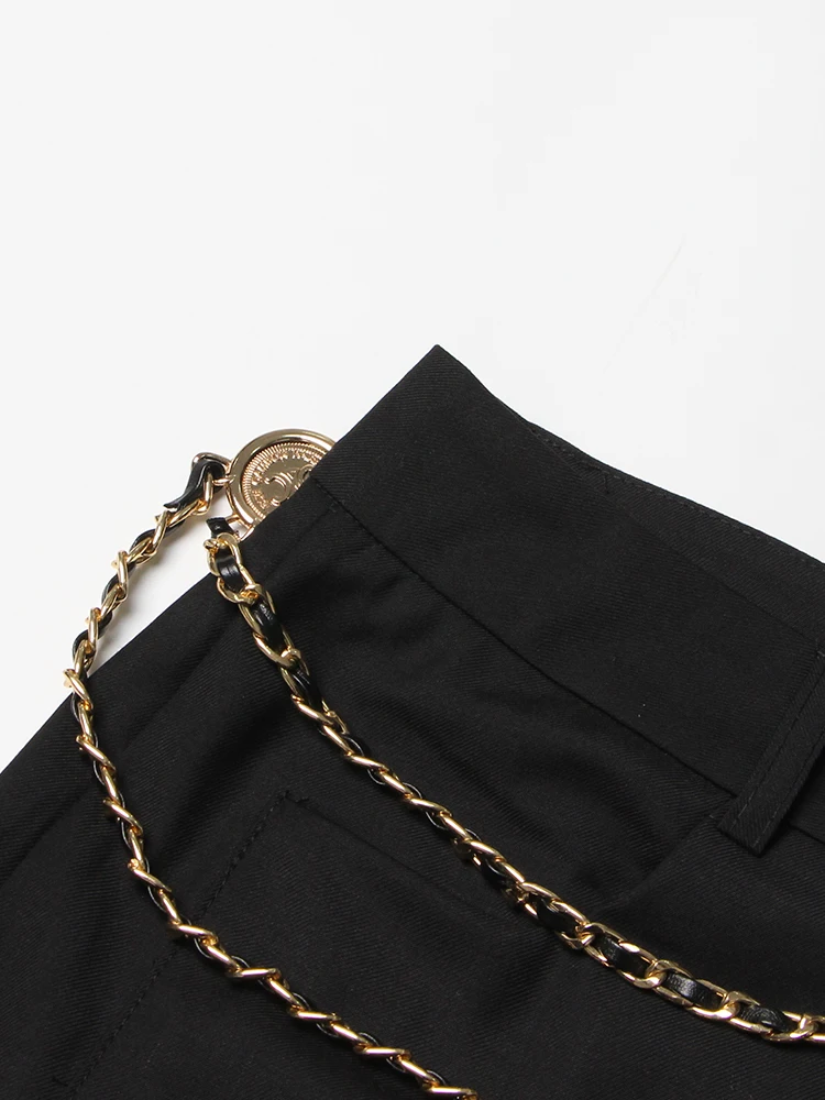 TWOTWINSTYLE Solid Patchwork Chain Split Trousers For Women High Waist Spliced Pocket Temperament Wide Leg Pants Female Fashion