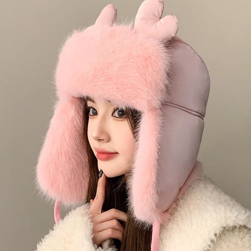 Hat Female Winter Windproof Cycling Warm Earflaps Cap Parent-Child Fleece-Lined Thickened Outdoor Cold-Proof Ushanka
